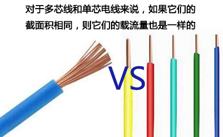 不管是多芯线抑或是单芯线，只要它们的截面积相同，则载流量就相同